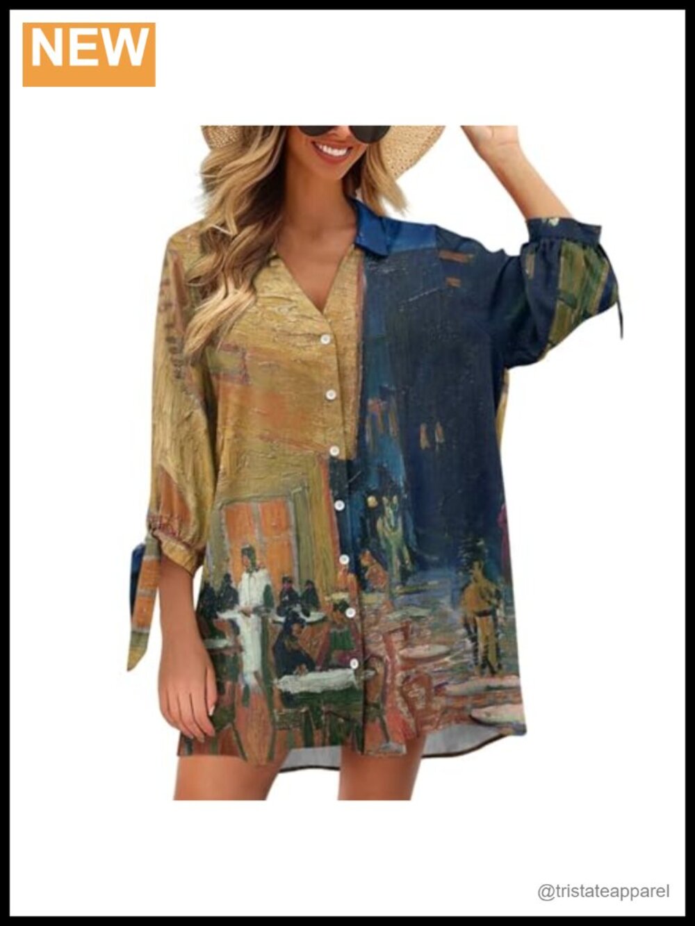 Polyester Loose Fit Oil Painting Print 3/4 Sleeve Button Down Shirt Dress Beach